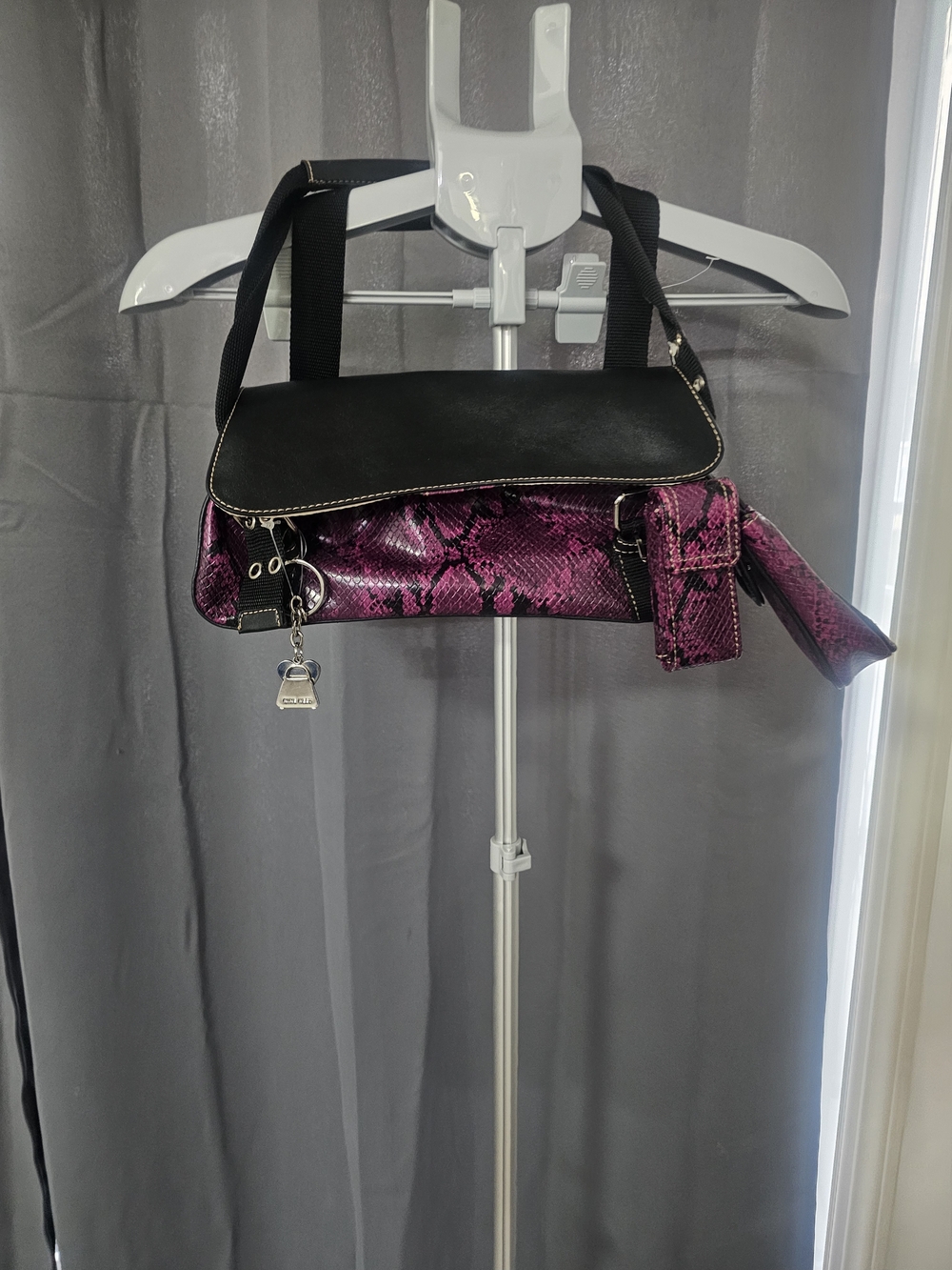Nine West Black & Purple Snake-Print Shoulder Bag with Charm